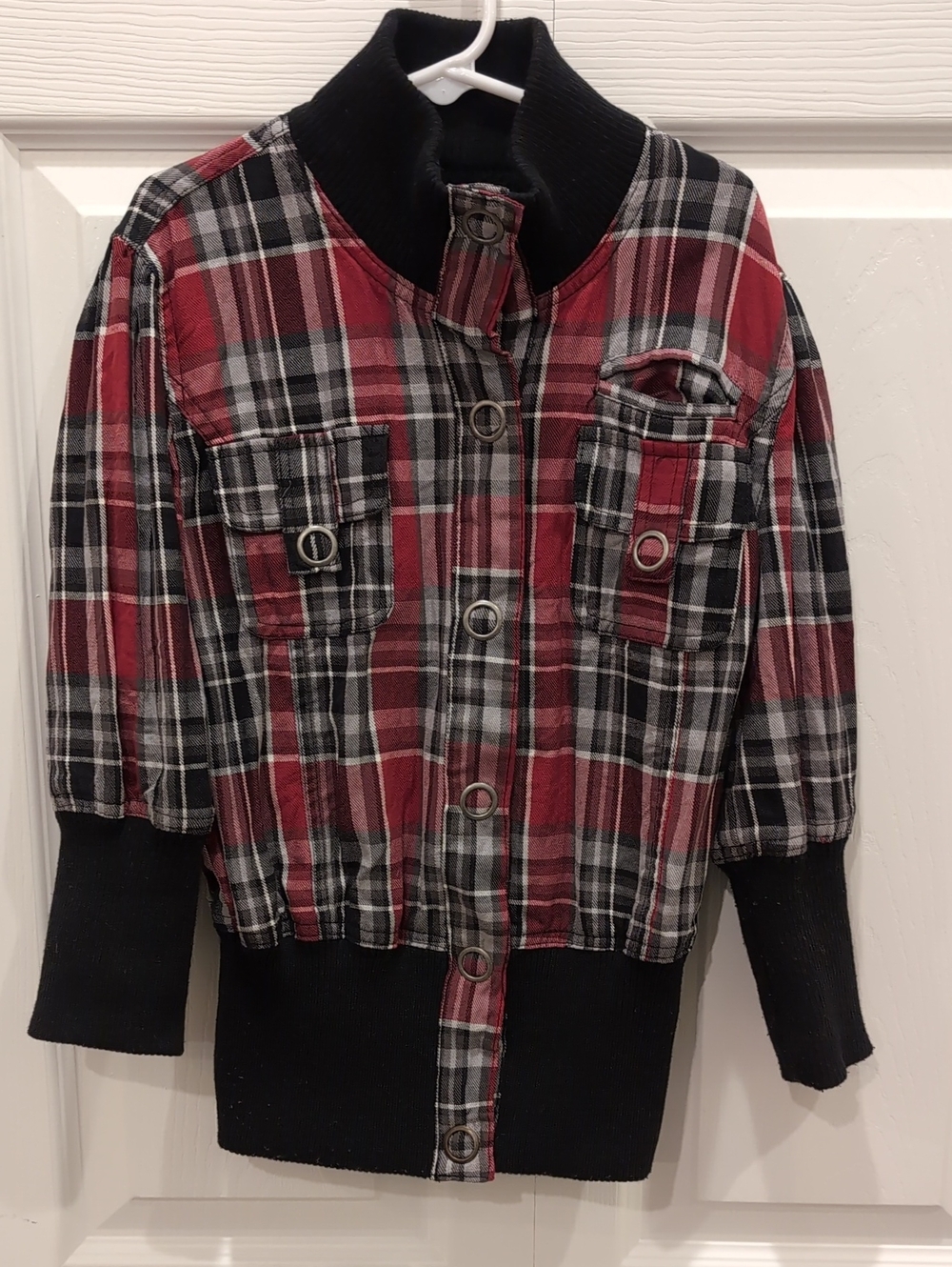 Miss Lili Red & Black Plaid Button-Front Puffer Jacket